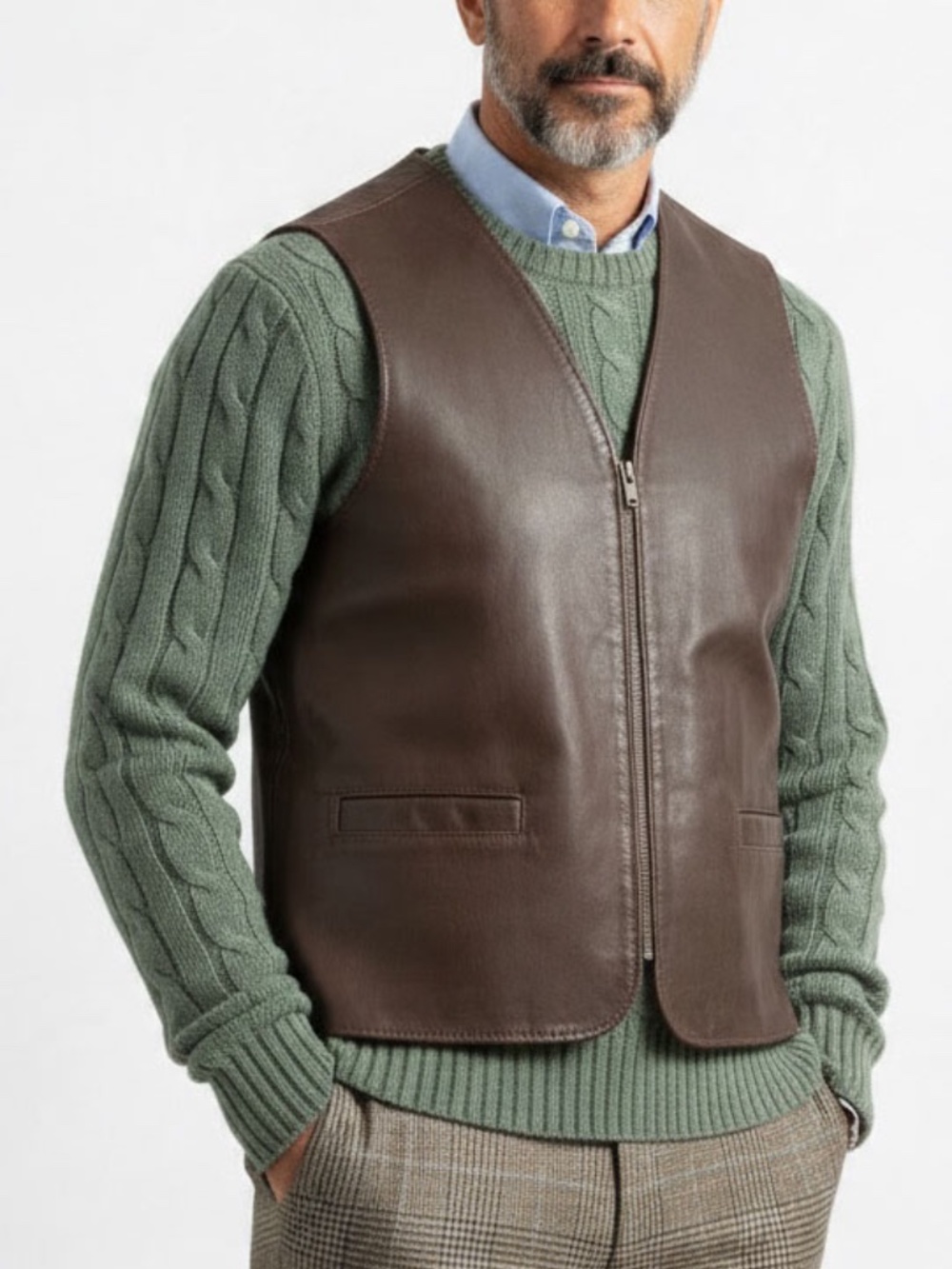 Vintage The Olde Hide House Brown Leather Zip Front Vest Size XL